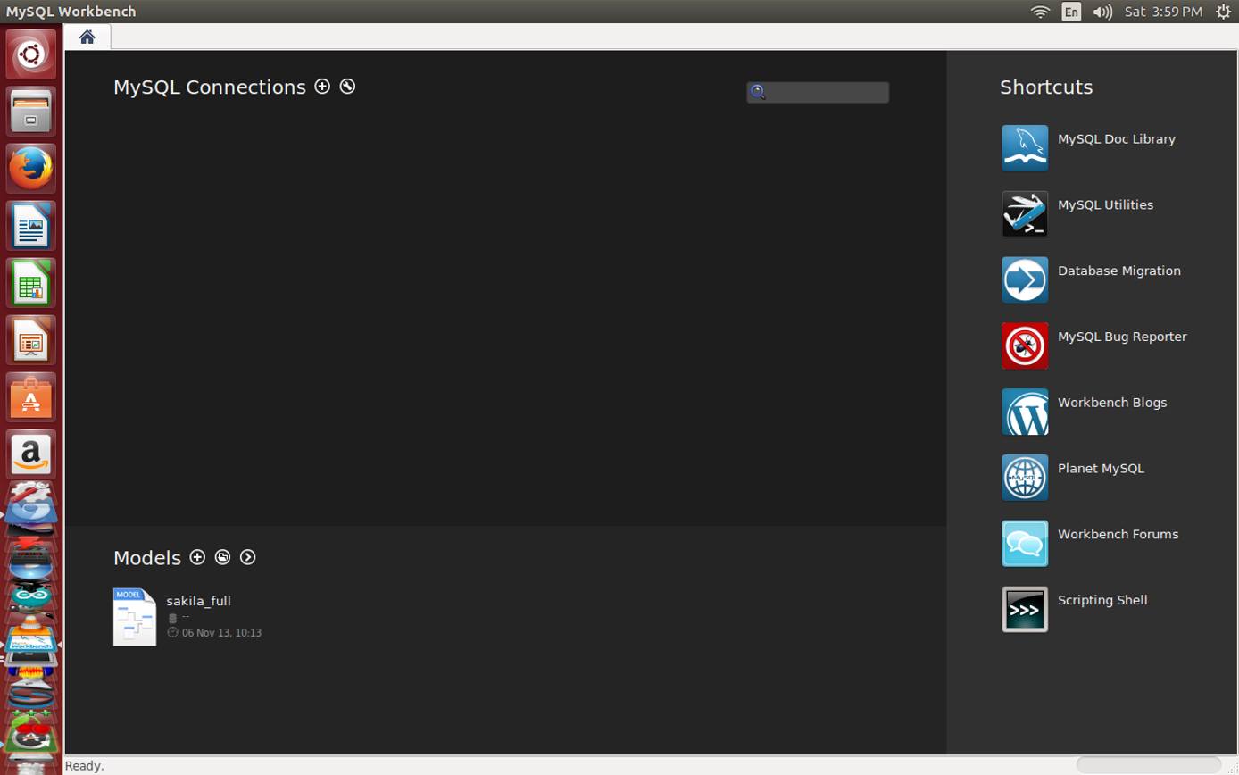 MySQL Workbench’s home screen immediately after installation.