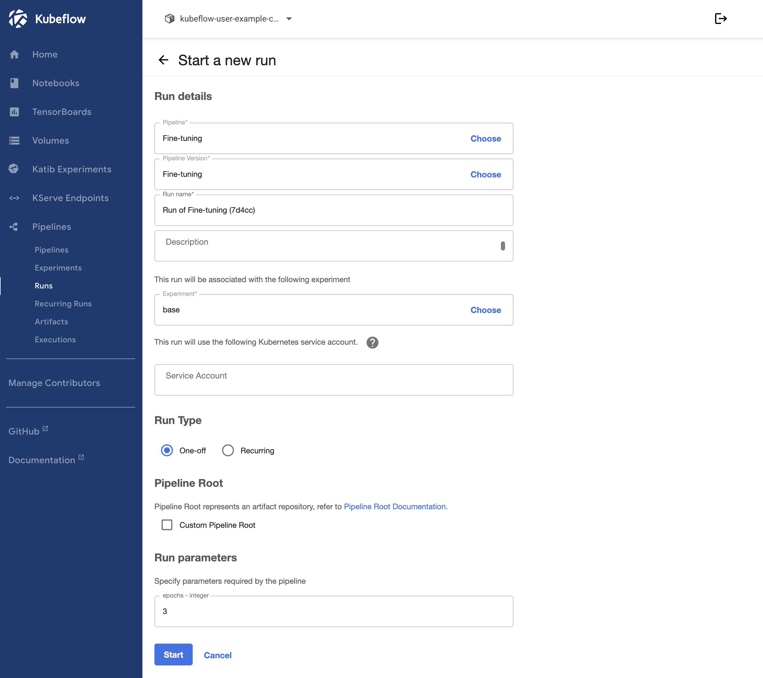 Screenshot of the “Start a new run” page within Kubeflow