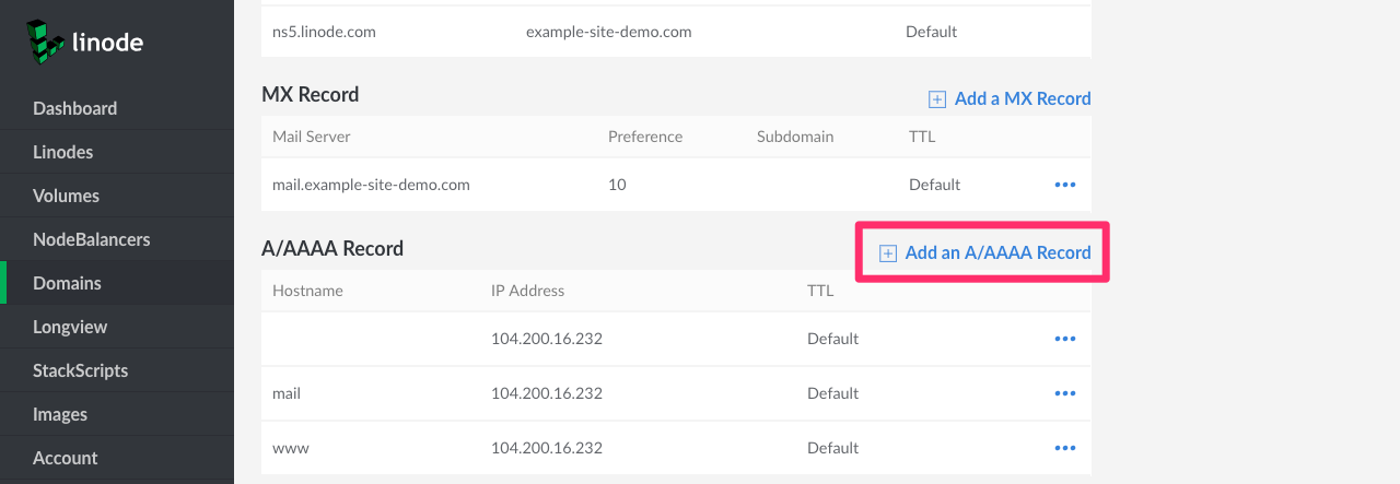 Create a new A record by first click on “Add an A/AAAA Record”