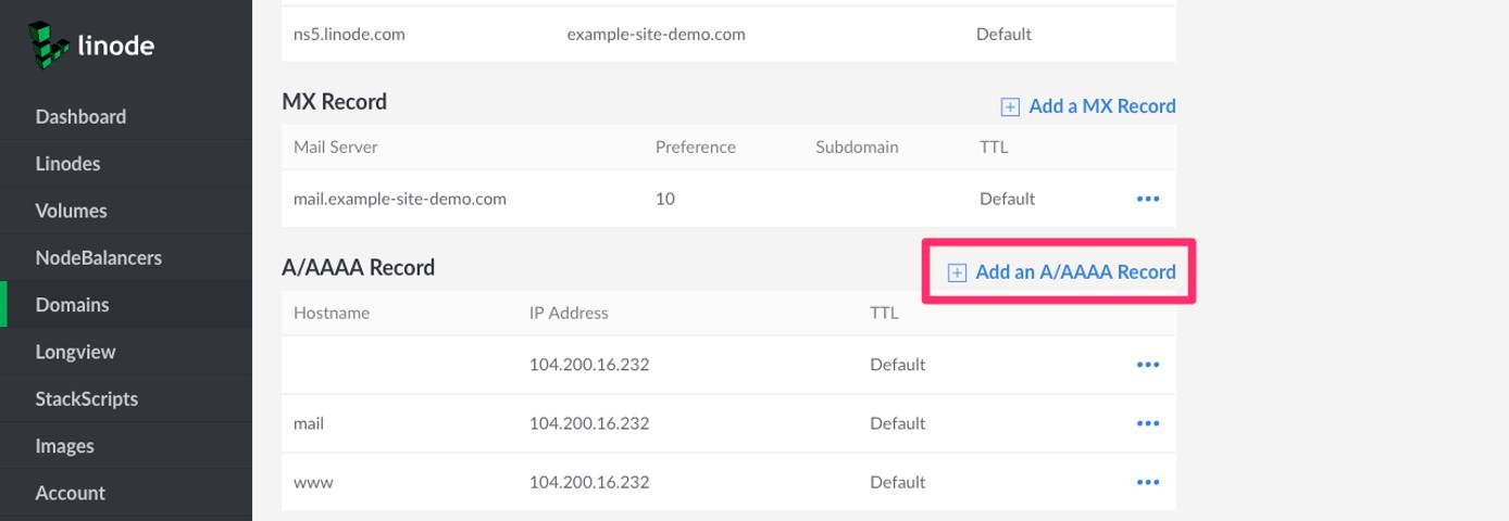 Create a new A record by first click on “Add an A/AAAA Record”