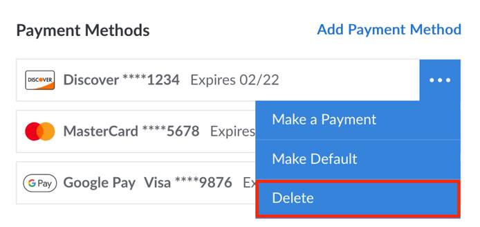 The Delete button within a payment method’s dropdown menu